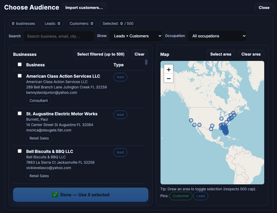 PIXI audience picker showing leads and customers with a map selection tool.